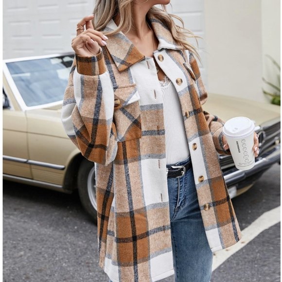 SHEIN Jackets & Blazers - Button Through Flap Pocket Plaid Overshirt